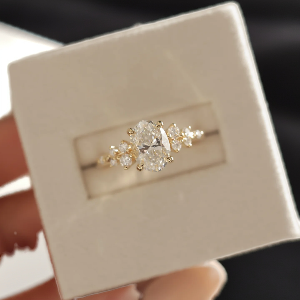 4.53 Ct Oval Cut White Diamond Ring with Side Clusters | F Color VS1 | 925 Silver with 14K Gold Plating