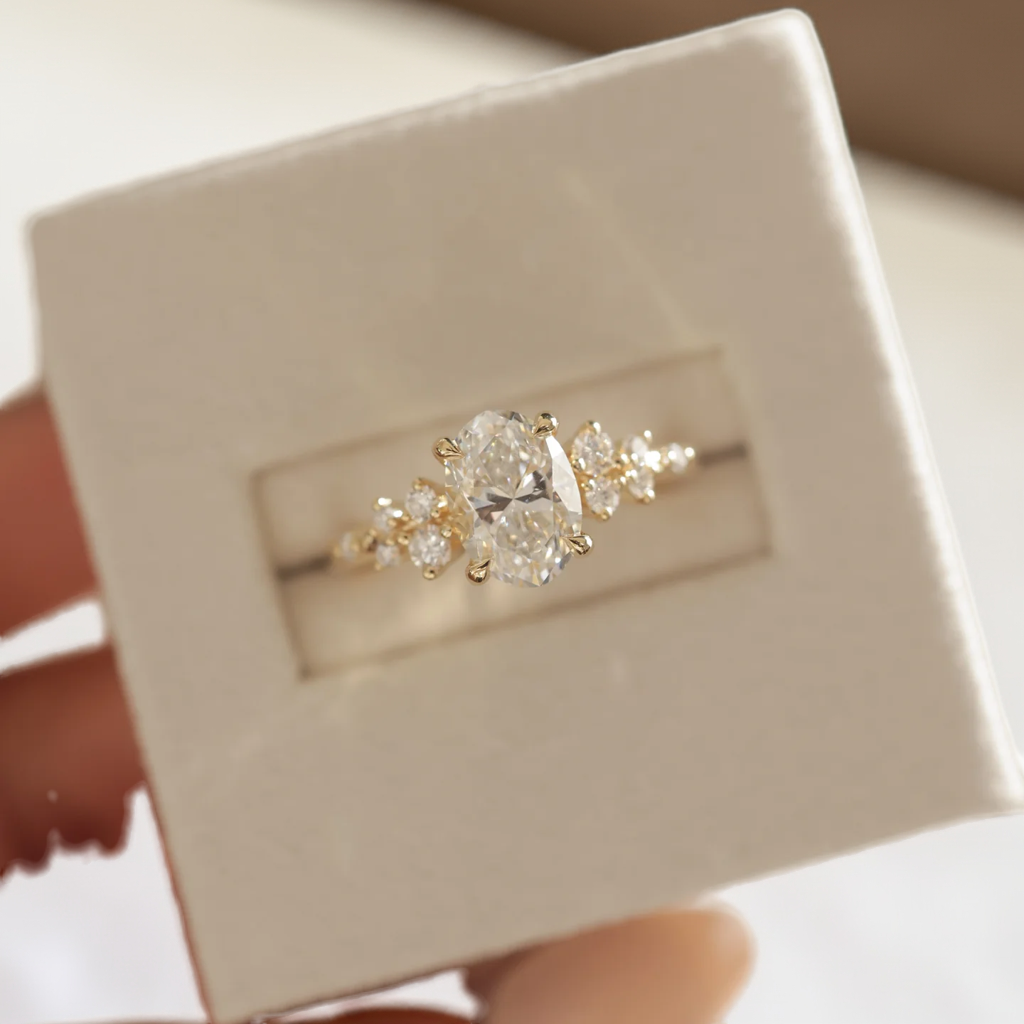 4.53 Ct Oval Cut White Diamond Ring with Side Clusters | F Color VS1 | 925 Silver with 14K Gold Plating
