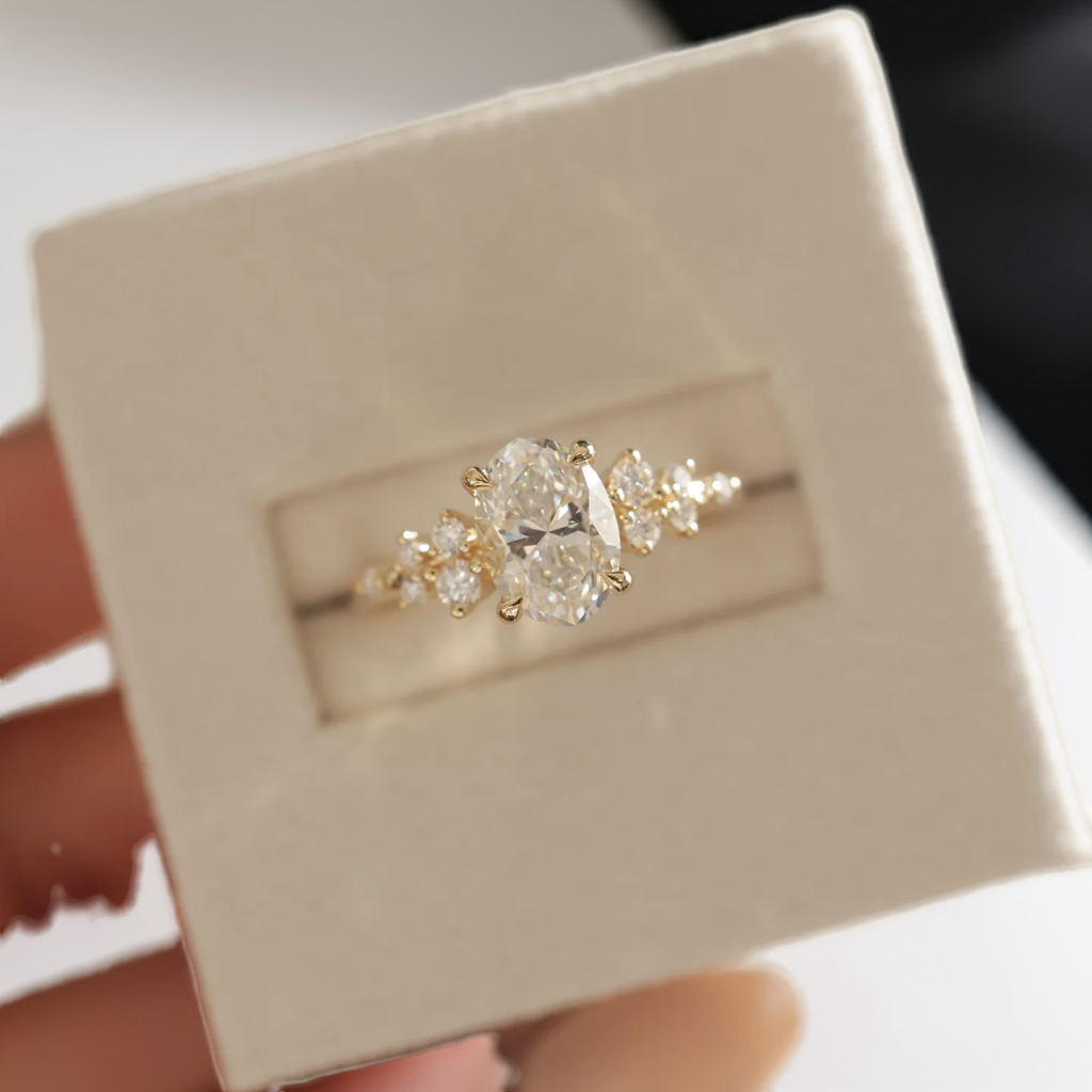4.53 Ct Oval Cut White Diamond Ring with Side Clusters | F Color VS1 | 925 Silver with 14K Gold Plating