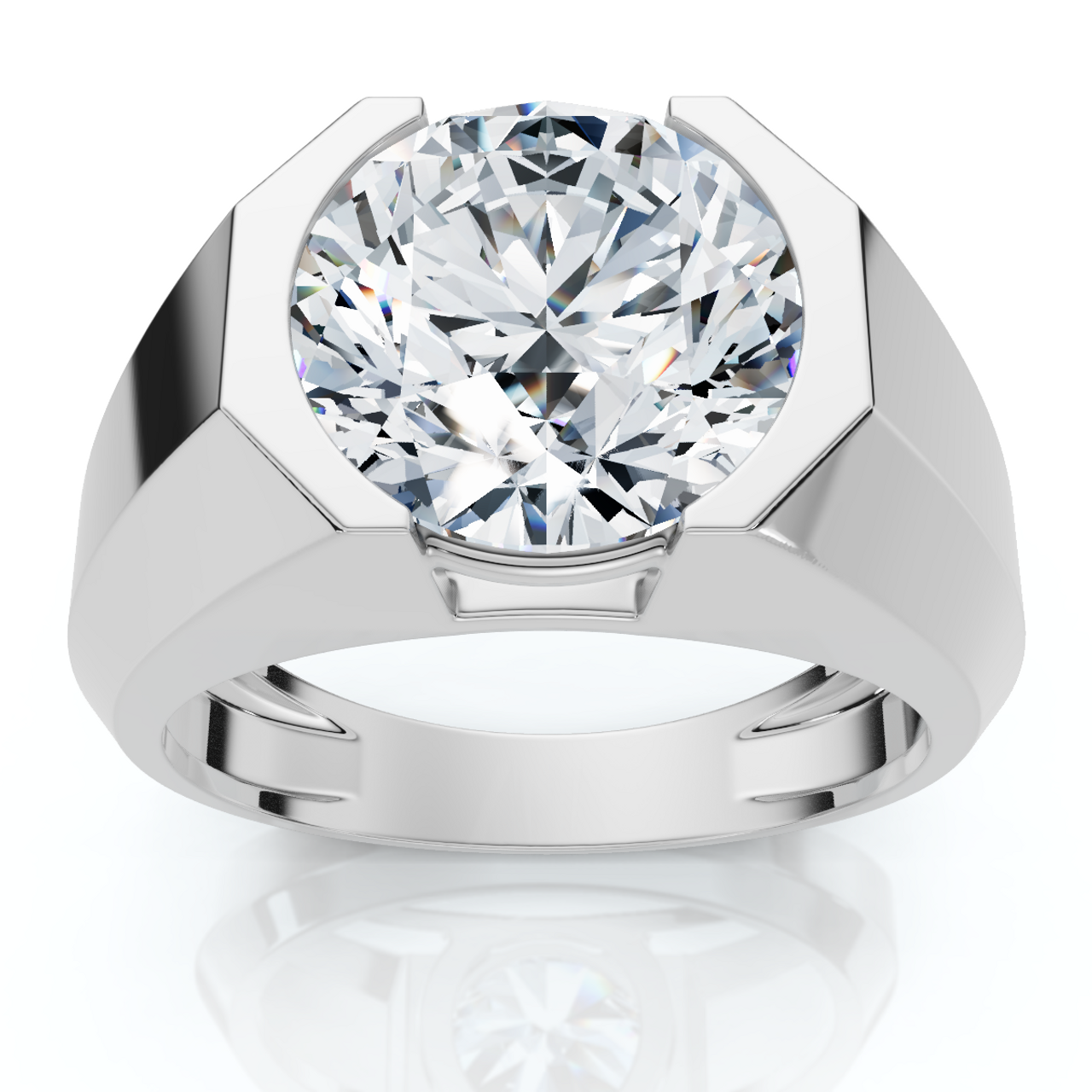 Certified 5 Carat Round Cut Men’s Diamond Ring in Platinum or 14K Gold Finish | Bold Half-Bezel Design