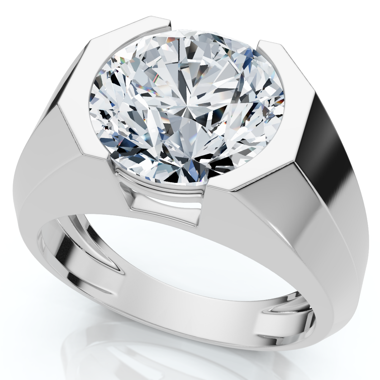 Certified 5 Carat Round Cut Men’s Diamond Ring in Platinum or 14K Gold Finish | Bold Half-Bezel Design