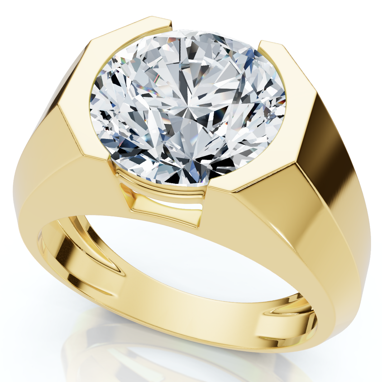 Certified 5 Carat Round Cut Men’s Diamond Ring in Platinum or 14K Gold Finish | Bold Half-Bezel Design