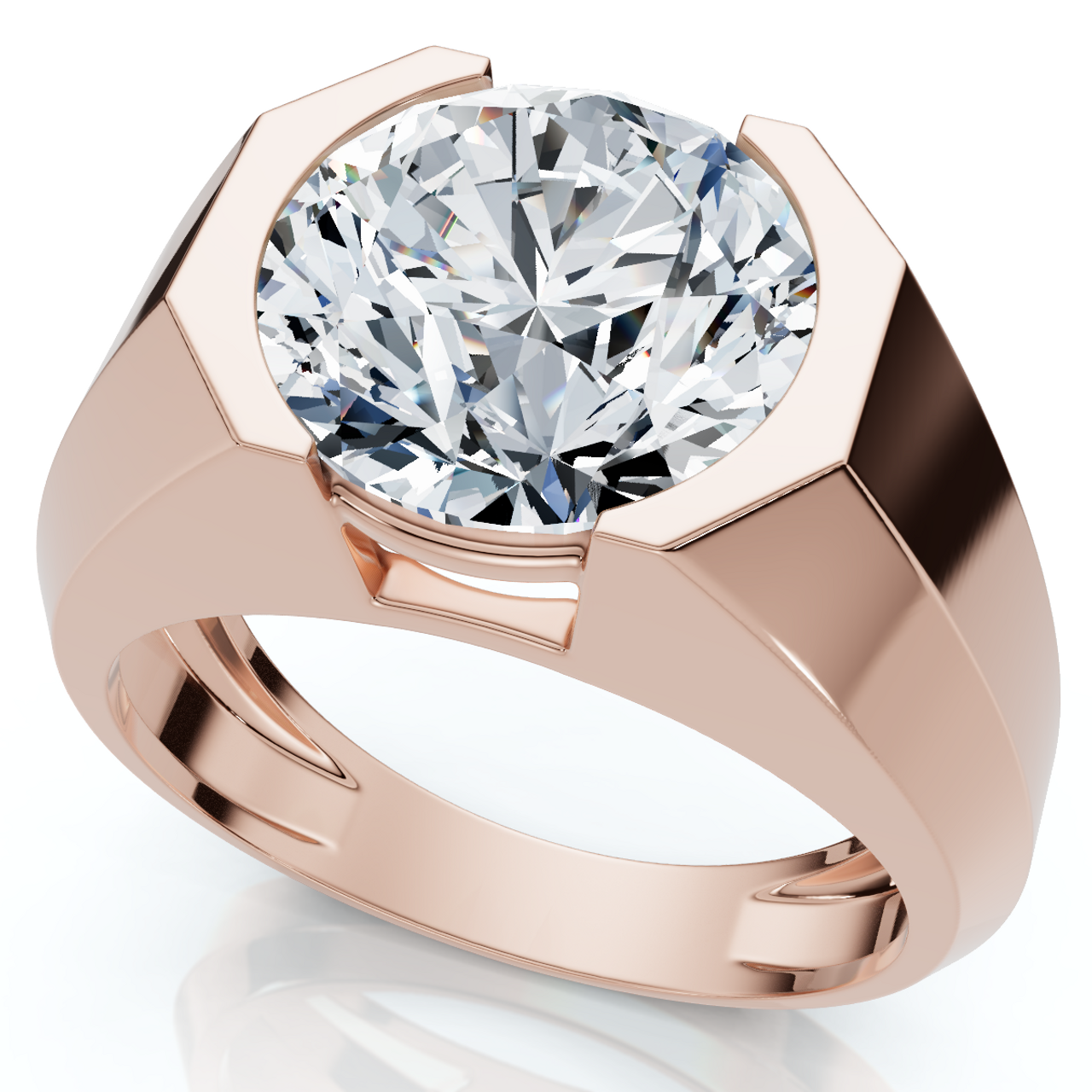 Certified 5 Carat Round Cut Men’s Diamond Ring in Platinum or 14K Gold Finish | Bold Half-Bezel Design