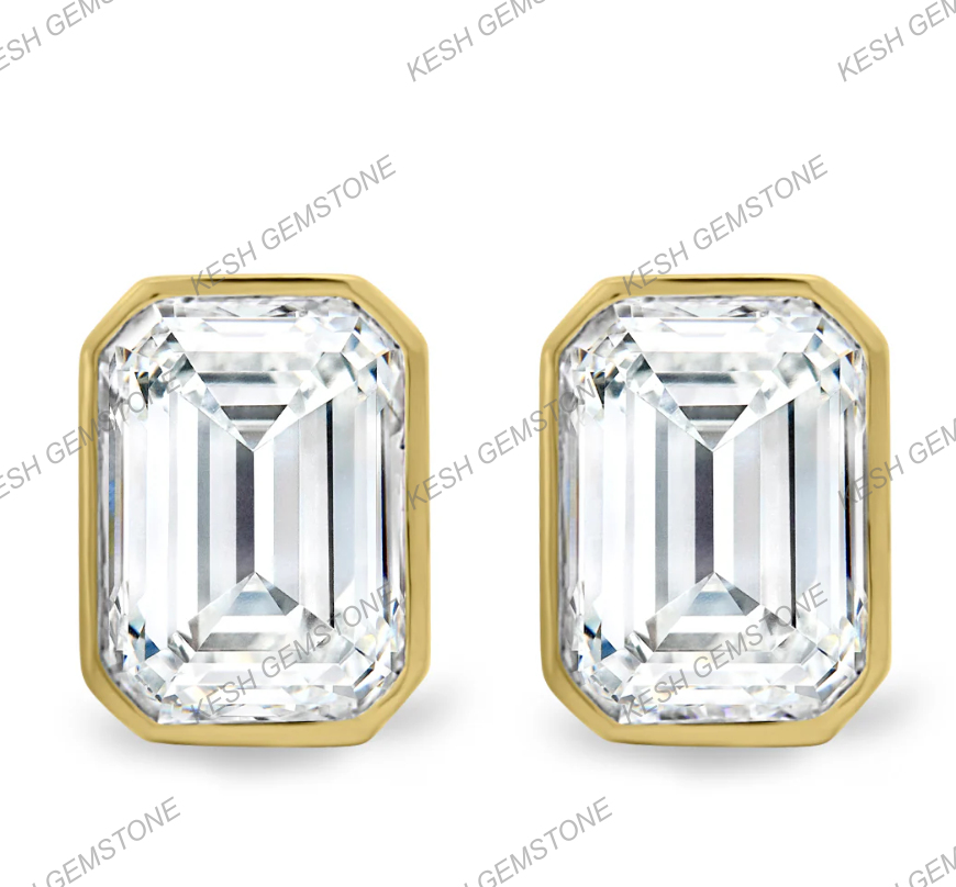 Certified Emerald Cut Diamond Bezel Stud Earrings in 14K Gold Plated Silver | Elegant Everyday Sparkle