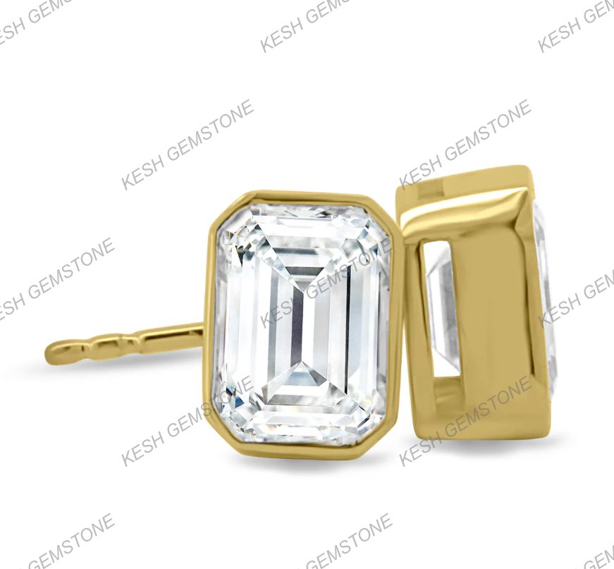 Certified Emerald Cut Diamond Bezel Stud Earrings in 14K Gold Plated Silver | Elegant Everyday Sparkle