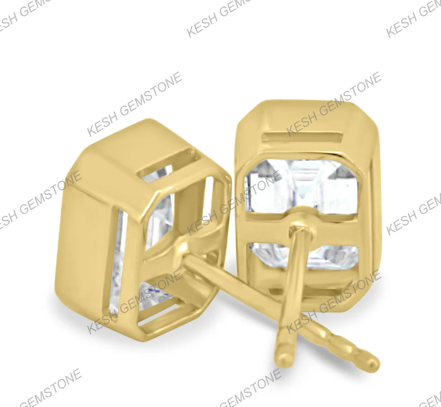 Certified Emerald Cut Diamond Bezel Stud Earrings in 14K Gold Plated Silver | Elegant Everyday Sparkle