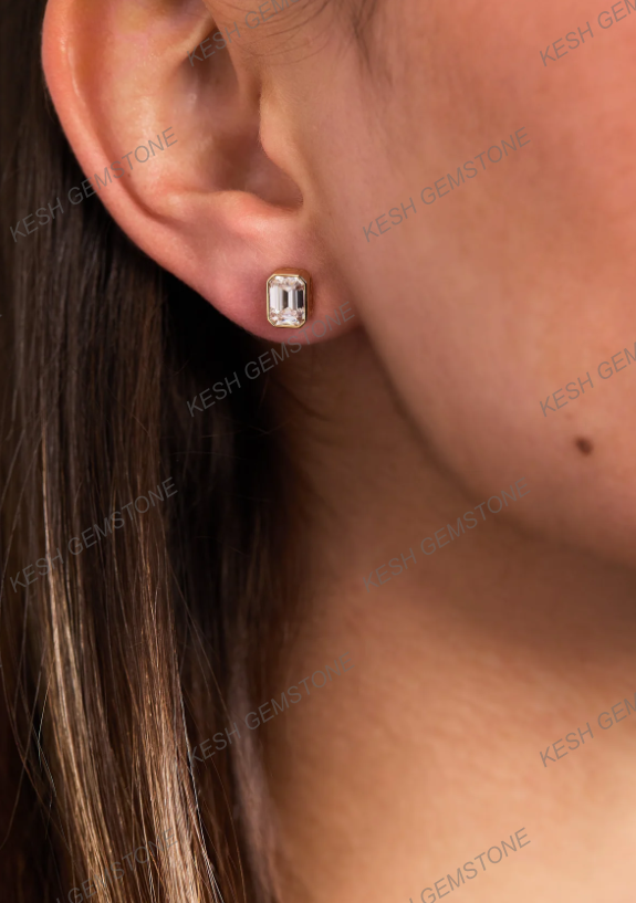 Certified Emerald Cut Diamond Bezel Stud Earrings in 14K Gold Plated Silver | Elegant Everyday Sparkle