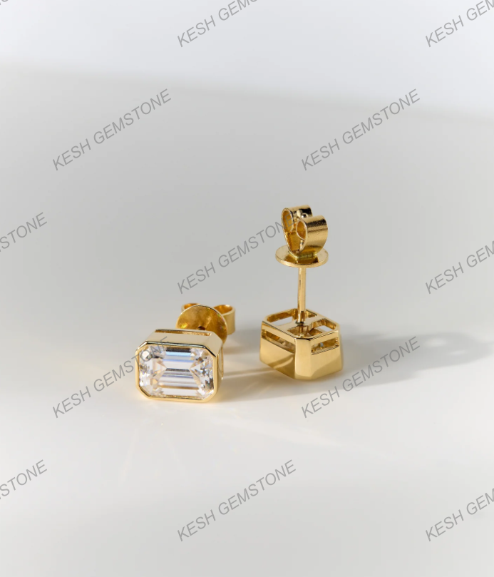 Certified Emerald Cut Diamond Bezel Stud Earrings in 14K Gold Plated Silver | Elegant Everyday Sparkle