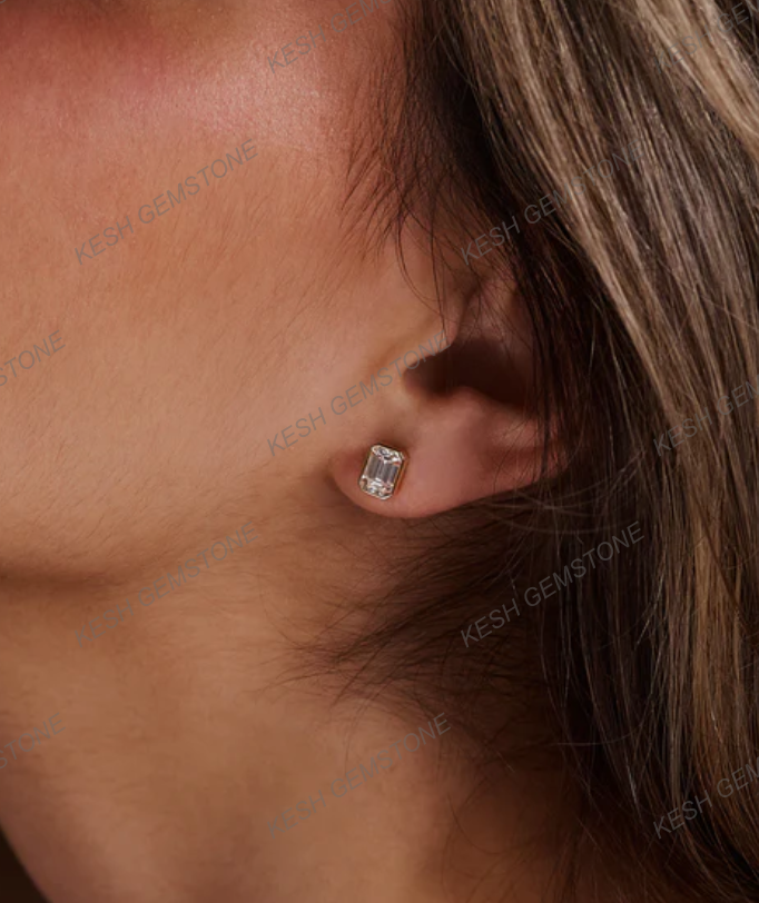 Certified Emerald Cut Diamond Bezel Stud Earrings in 14K Gold Plated Silver | Elegant Everyday Sparkle