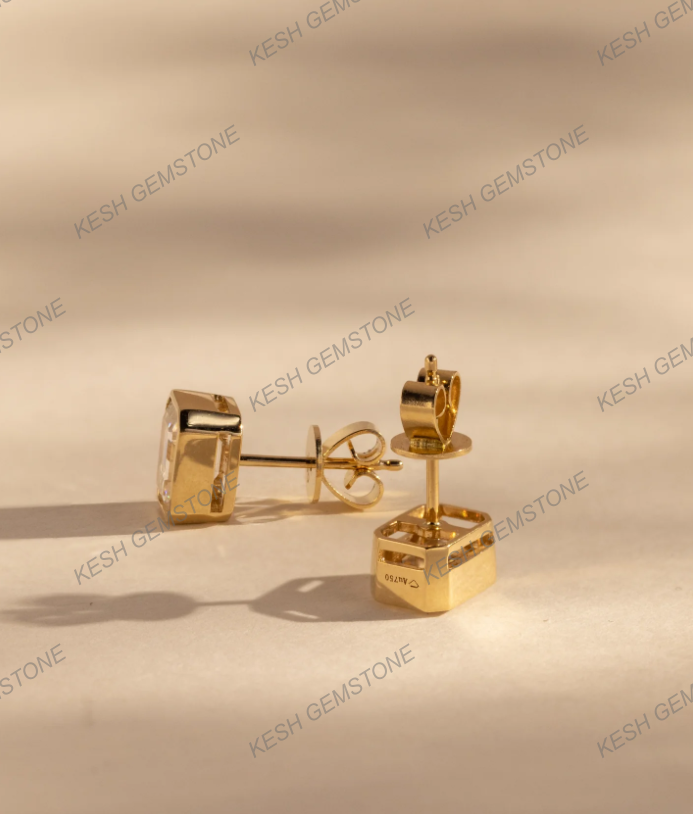 Certified Emerald Cut Diamond Bezel Stud Earrings in 14K Gold Plated Silver | Elegant Everyday Sparkle