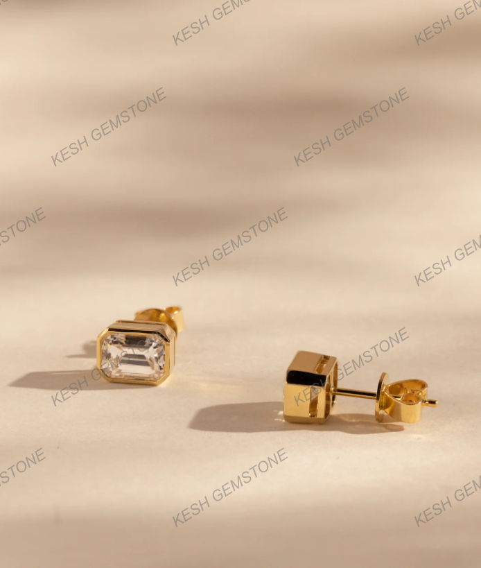 Certified Emerald Cut Diamond Bezel Stud Earrings in 14K Gold Plated Silver | Elegant Everyday Sparkle