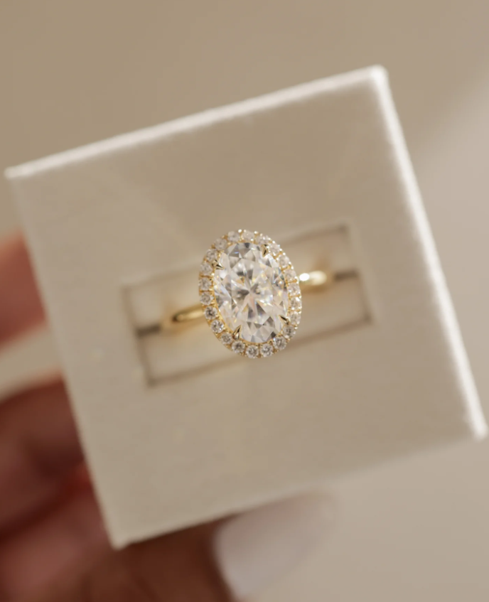 2.50 Ct Oval Cut White Diamond Halo Engagement Ring in 925 Silver with 14K Gold Plating | Radiant Sparkle Elegance