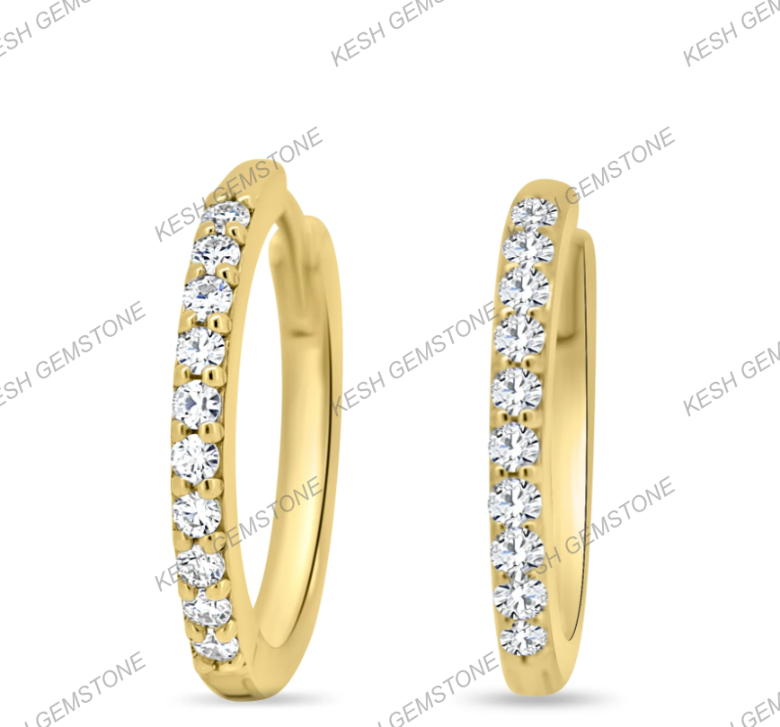 Diamond Huggie Hoop Earrings | 15mm Round | Natural Melee Diamonds | 925 Silver with 14K Yellow Gold Plating | Certified | Kesh Gemstone