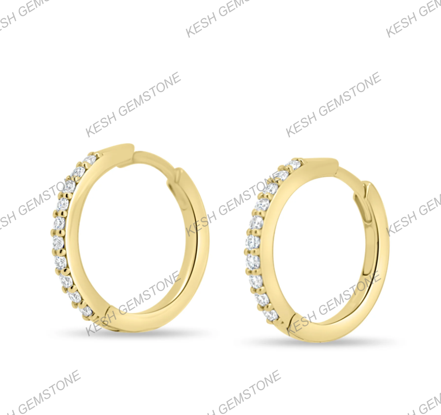 Diamond Huggie Hoop Earrings | 15mm Round | Natural Melee Diamonds | 925 Silver with 14K Yellow Gold Plating | Certified | Kesh Gemstone