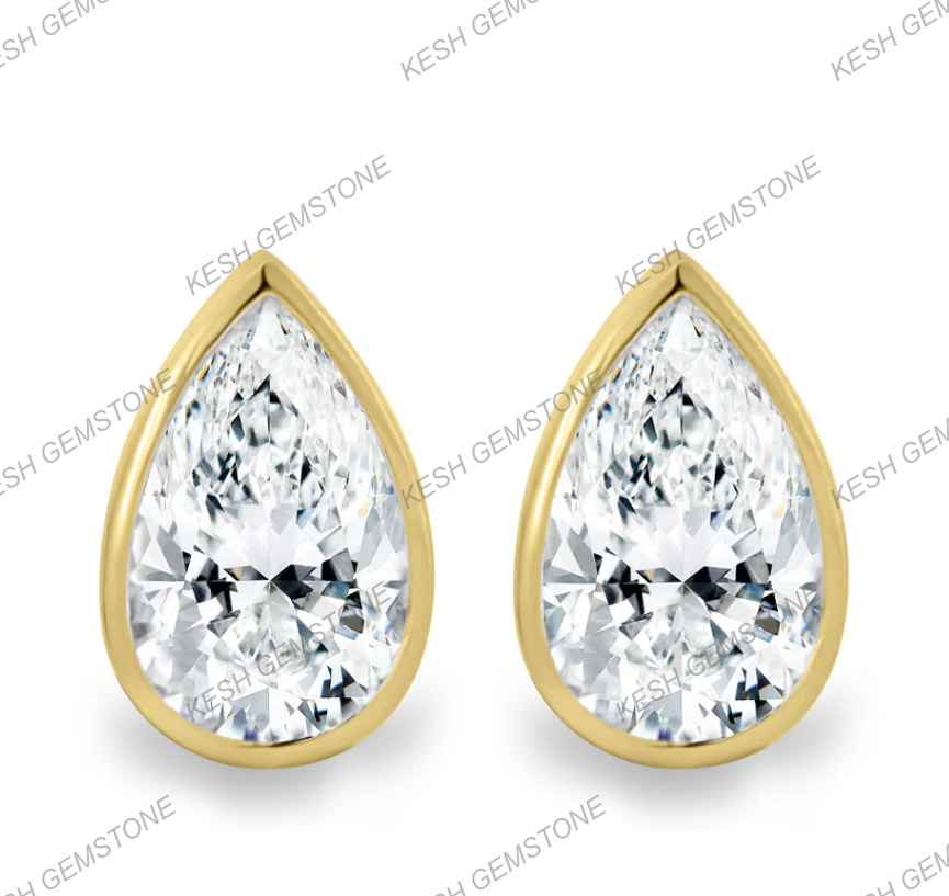 Pear Bezel Natural Diamond Stud Earrings | 925 Silver Over 14K Gold | Certified HPHT Diamonds