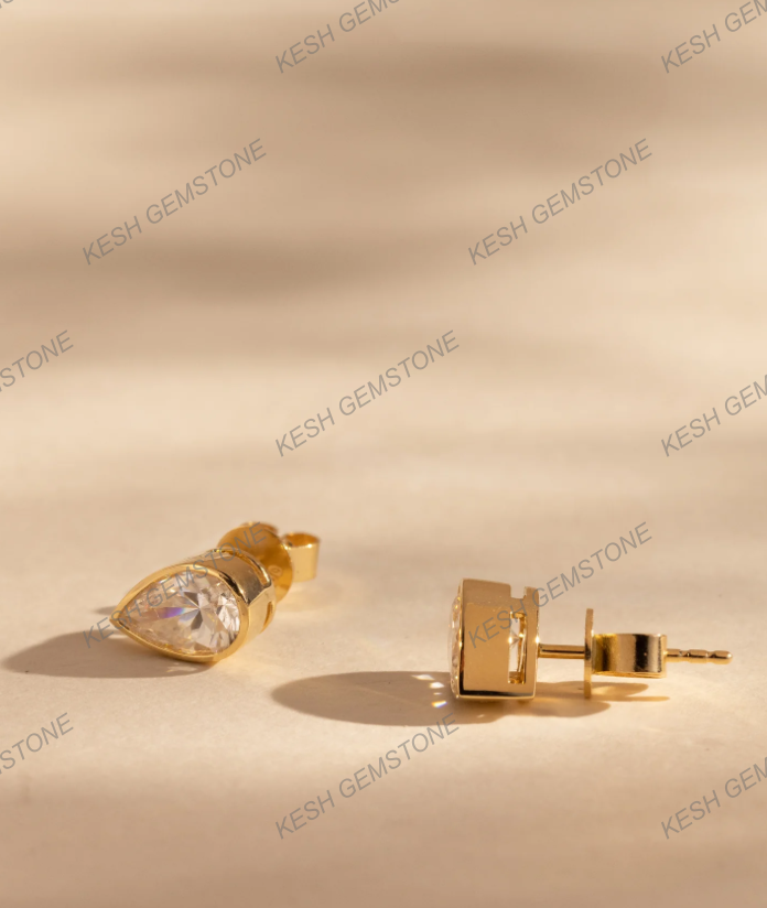 Pear Bezel Natural Diamond Stud Earrings | 925 Silver Over 14K Gold | Certified HPHT Diamonds