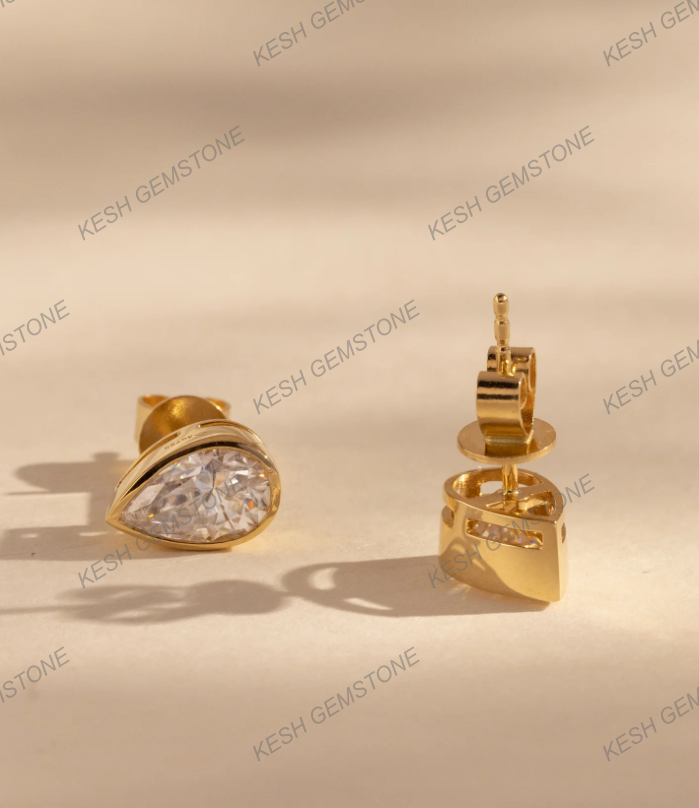 Pear Bezel Natural Diamond Stud Earrings | 925 Silver Over 14K Gold | Certified HPHT Diamonds