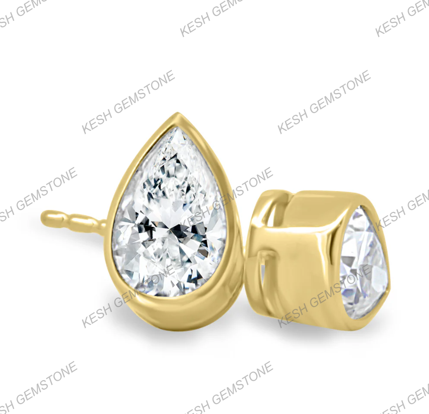 Pear Bezel Natural Diamond Stud Earrings | 925 Silver Over 14K Gold | Certified HPHT Diamonds