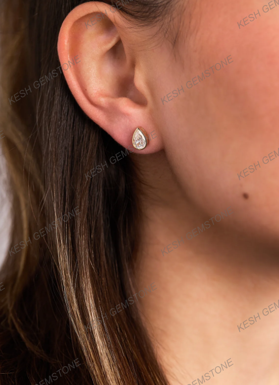 Pear Bezel Natural Diamond Stud Earrings | 925 Silver Over 14K Gold | Certified HPHT Diamonds