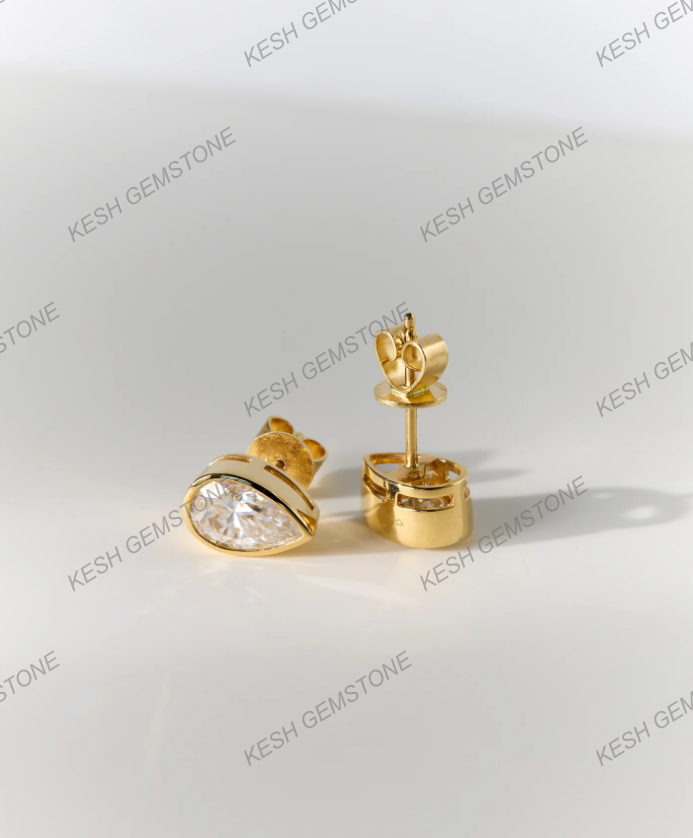 Pear Bezel Natural Diamond Stud Earrings | 925 Silver Over 14K Gold | Certified HPHT Diamonds