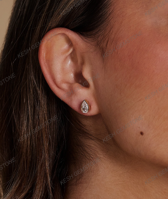 Pear Bezel Natural Diamond Stud Earrings | 925 Silver Over 14K Gold | Certified HPHT Diamonds