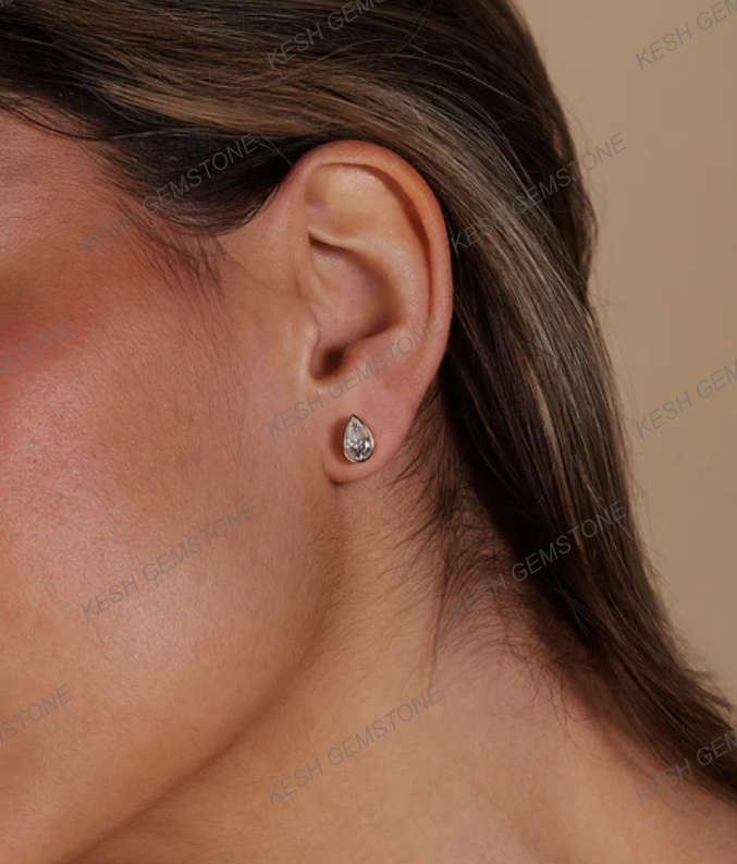 Pear Bezel Natural Diamond Stud Earrings | 925 Silver Over 14K Gold | Certified HPHT Diamonds