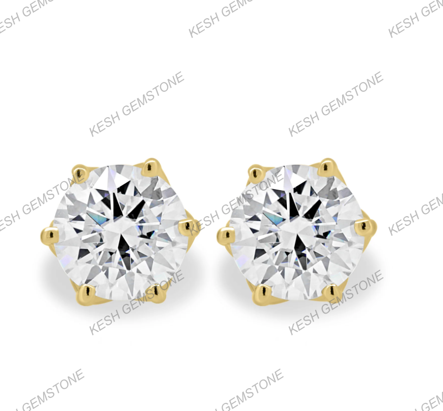 Round Brilliant 6-Claw Diamond Stud Earrings in 14K Gold Over Solid 925 Silver