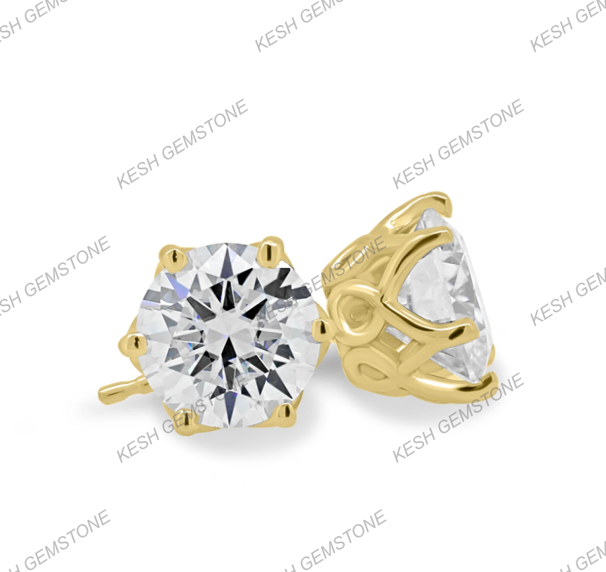 Round Brilliant 6-Claw Diamond Stud Earrings in 14K Gold Over Solid 925 Silver