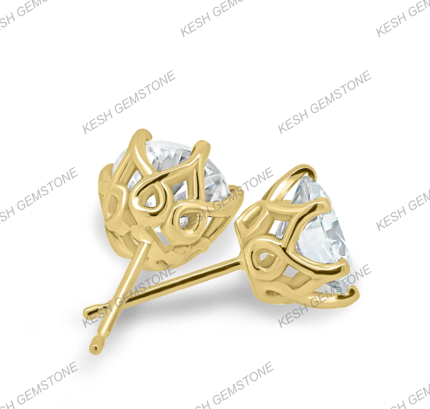 Round Brilliant 6-Claw Diamond Stud Earrings in 14K Gold Over Solid 925 Silver