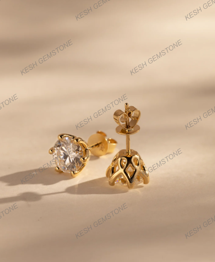 Round Brilliant 6-Claw Diamond Stud Earrings in 14K Gold Over Solid 925 Silver
