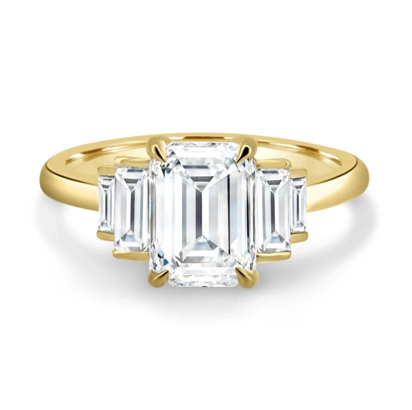 4.80 Ct Emerald Cut Trilogy White Diamond Ring in 925 Silver with 14K Gold Plating