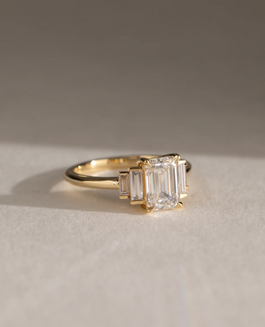 4.80 Ct Emerald Cut Trilogy White Diamond Ring in 925 Silver with 14K Gold Plating
