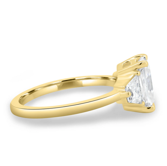 4.61 Ct Radiant Cut White Diamond Ring with Trapezoid Side Stones in 14K Gold Plated 925 Silver