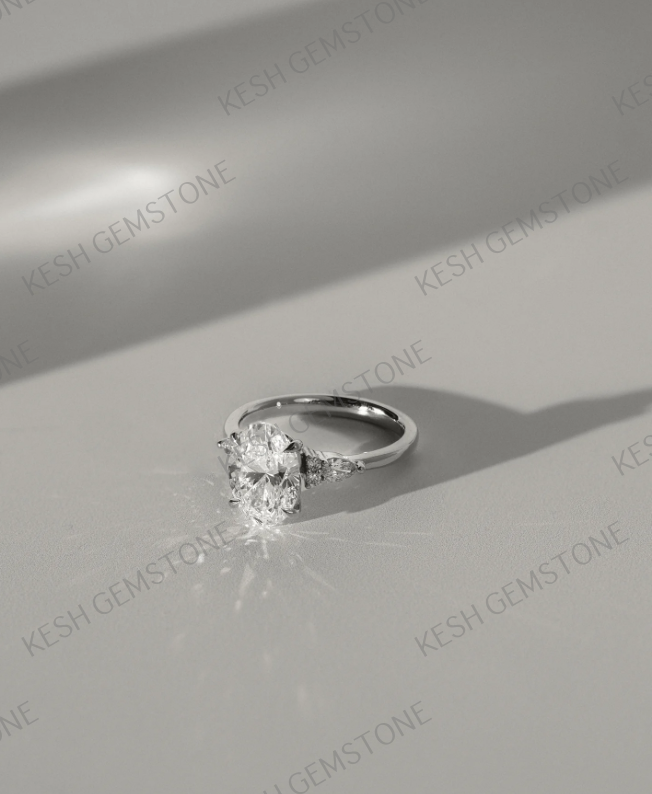 Elegant 3.5 Ct Oval Trilogy Diamond Ring with Pear & Round Accents in 925 Silver Over 14K Gold