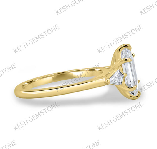 Elegant 3.25 Ct Elongated Hexagon Trilogy Diamond Engagement Ring in 925 Silver Over 14K Gold Plating