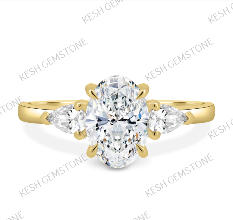 4.60 Ct Oval Trilogy Diamond Engagement Ring with Pear Side Stones in 14K Gold Plated 925 Silver