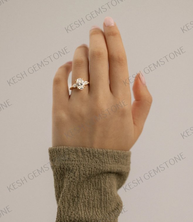 4.60 Ct Oval Trilogy Diamond Engagement Ring with Pear Side Stones in 14K Gold Plated 925 Silver