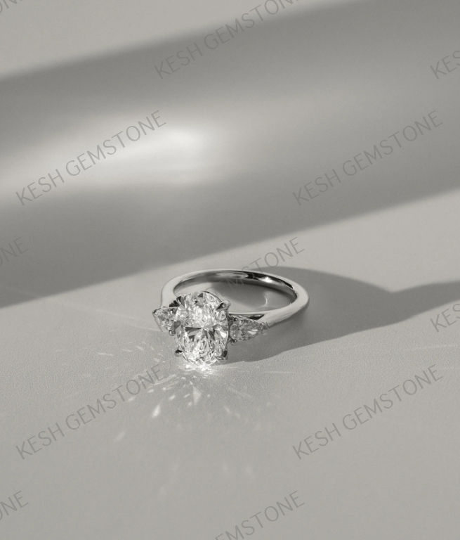 4.60 Ct Oval Trilogy Diamond Engagement Ring with Pear Side Stones in 14K Gold Plated 925 Silver