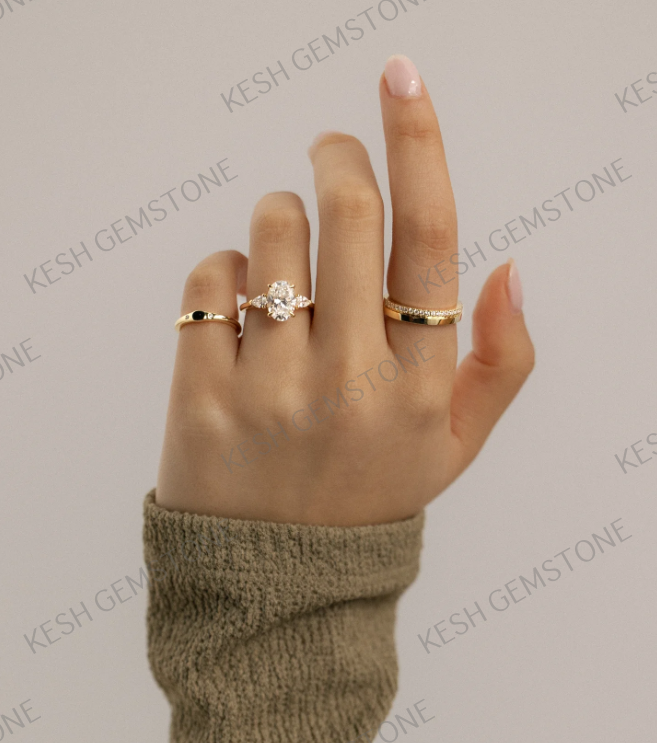 4.60 Ct Oval Trilogy Diamond Engagement Ring with Pear Side Stones in 14K Gold Plated 925 Silver