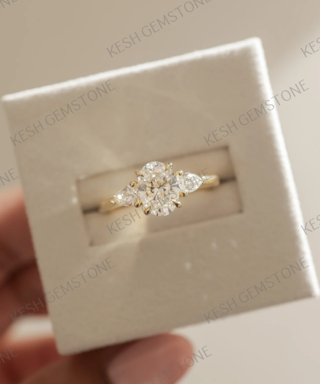 4.60 Ct Oval Trilogy Diamond Engagement Ring with Pear Side Stones in 14K Gold Plated 925 Silver