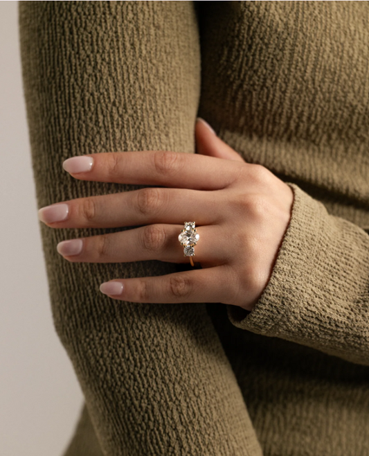 4.90 Ct Oval Trio Diamond Engagement Ring in 925 Silver with 14K Gold Plating