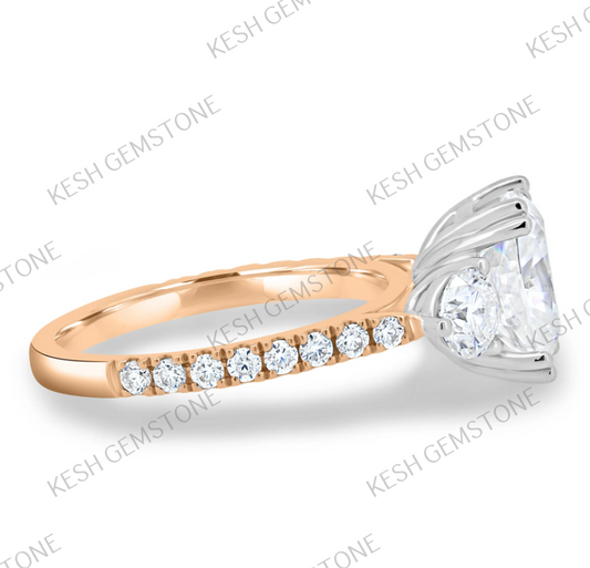 4.75 Ct Cushion Cut Diamond Trio Ring in 14K Gold Plated 925 Silver | Oval Side Stones | IGL&I Certified