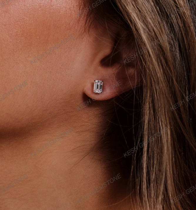 Emerald Cut Diamond Stud Earrings | 2.00–2.24 Ct Total | VVS1 Clarity | E Color | 925 Silver with 14K Gold Plating | Certified Natural Diamonds