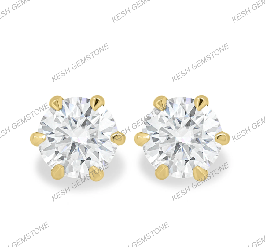 Round Brilliant Cut Diamond Stud Earrings | 2.00–2.24 Ct Total | VVS1 Clarity | E Color | 6-Claw Basket Setting | 925 Silver with 14K Gold Plating