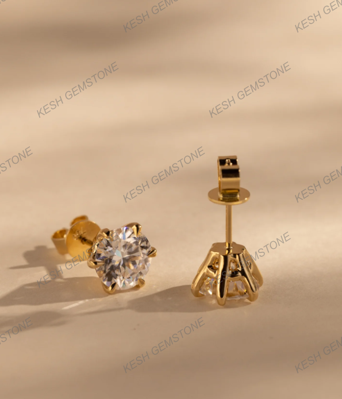 Round Brilliant Cut Diamond Stud Earrings | 2.00–2.24 Ct Total | VVS1 Clarity | E Color | 6-Claw Basket Setting | 925 Silver with 14K Gold Plating