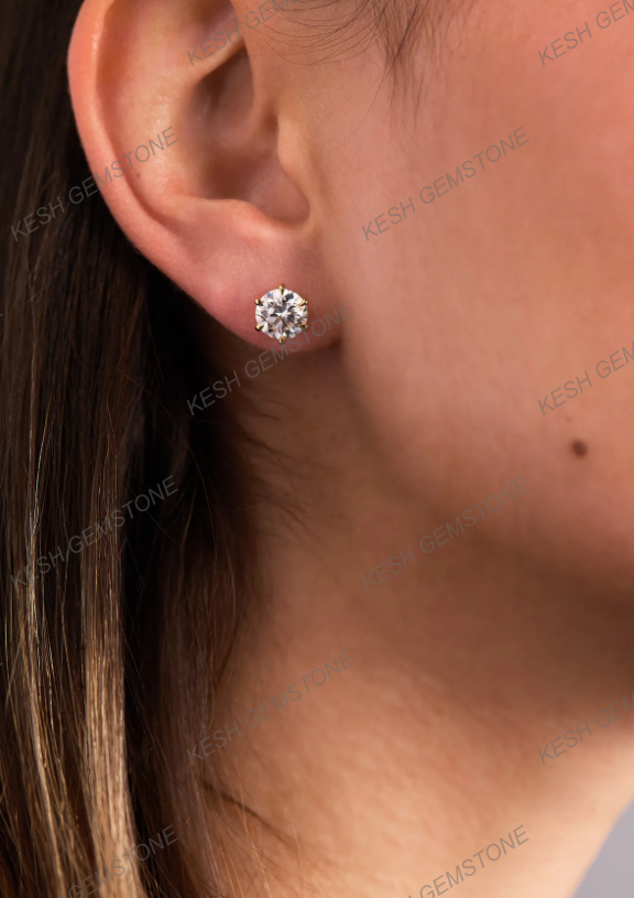 Round Brilliant Cut Diamond Stud Earrings | 2.00–2.24 Ct Total | VVS1 Clarity | E Color | 6-Claw Basket Setting | 925 Silver with 14K Gold Plating