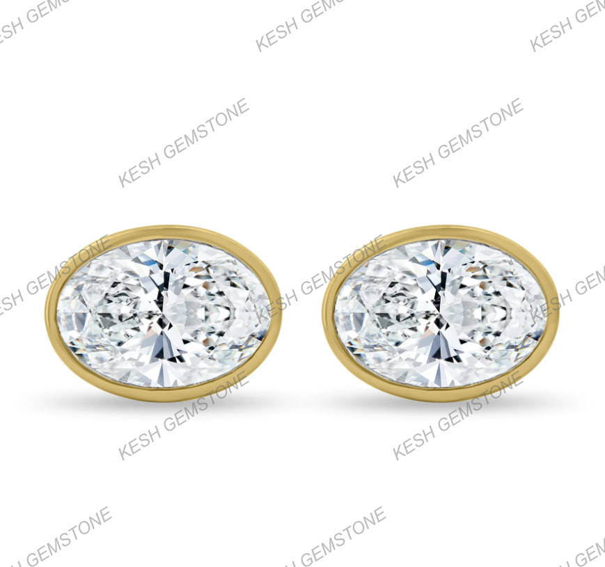 Elegant Oval Bezel Natural Diamond Stud Earrings in 14K Gold Finish on 925 Silver