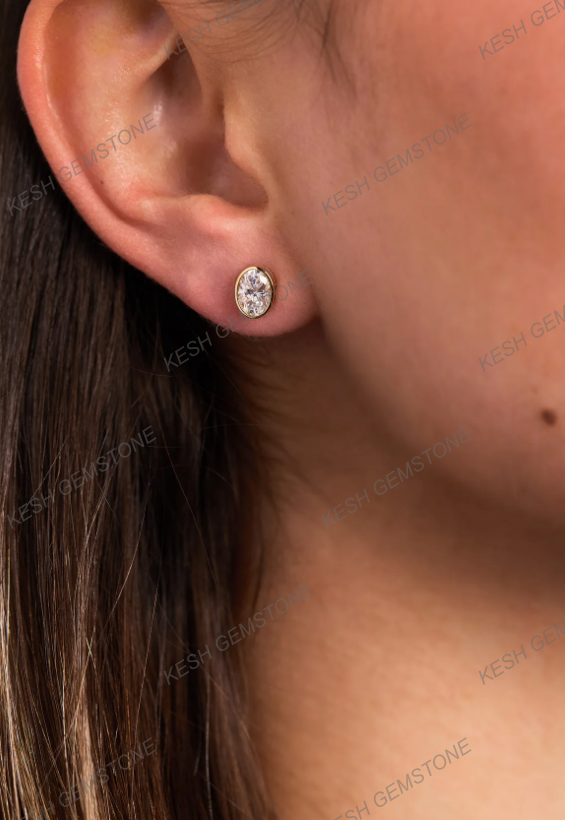 Elegant Oval Bezel Natural Diamond Stud Earrings in 14K Gold Finish on 925 Silver
