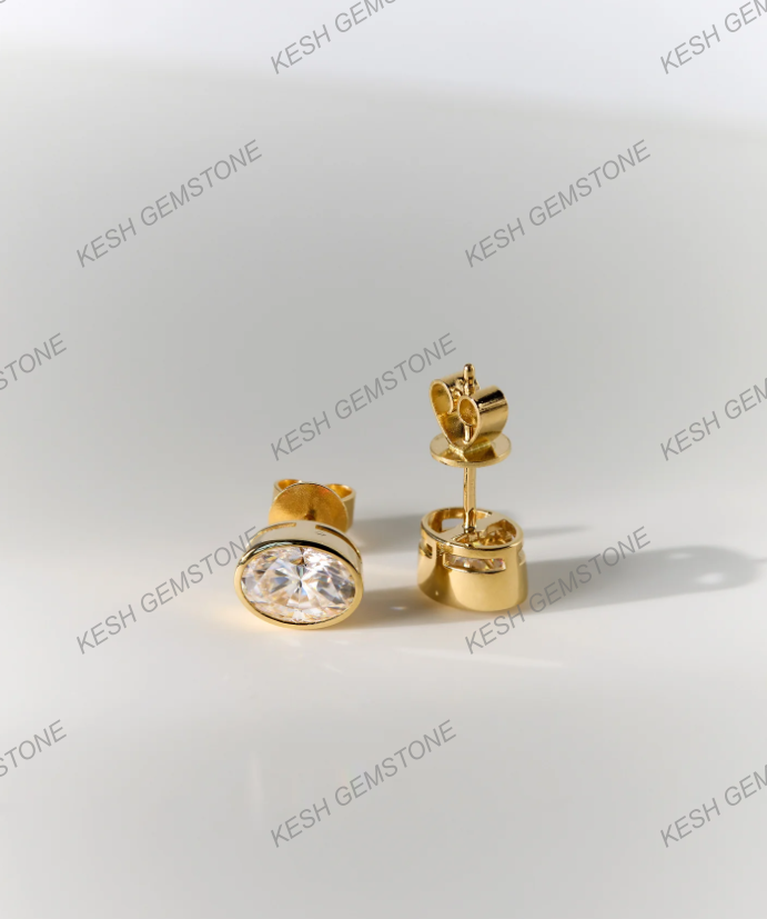 Elegant Oval Bezel Natural Diamond Stud Earrings in 14K Gold Finish on 925 Silver