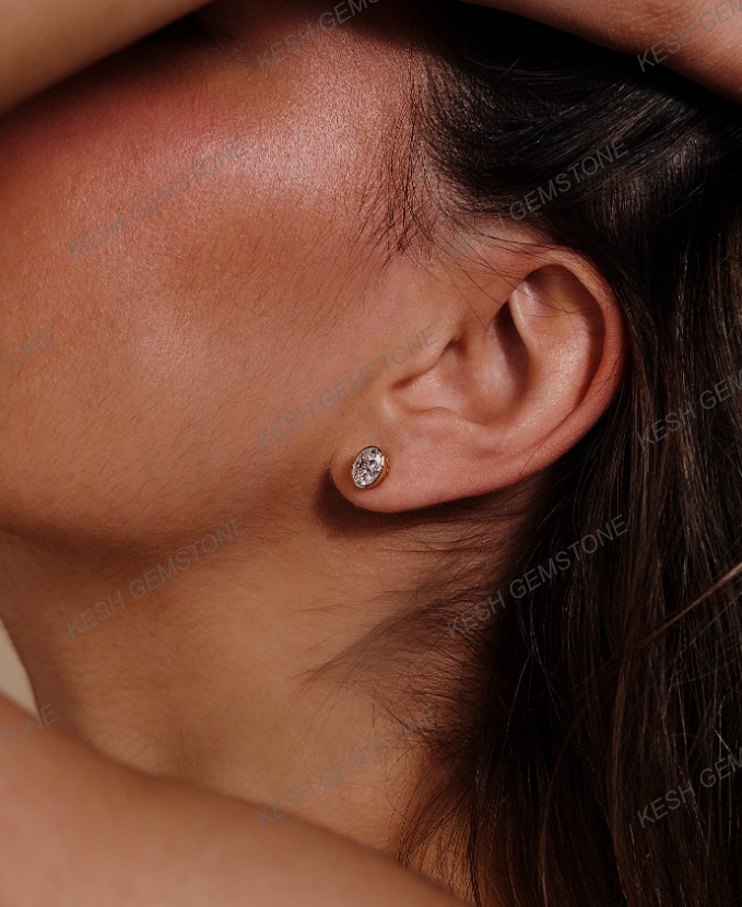 Elegant Oval Bezel Natural Diamond Stud Earrings in 14K Gold Finish on 925 Silver